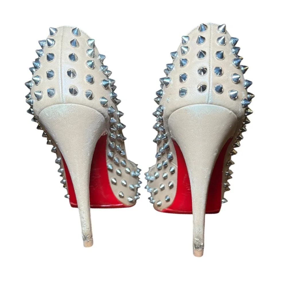 Christian Louboutin Alti Spikes 160 Nude Leather Peep Toe Platform Pumps 38